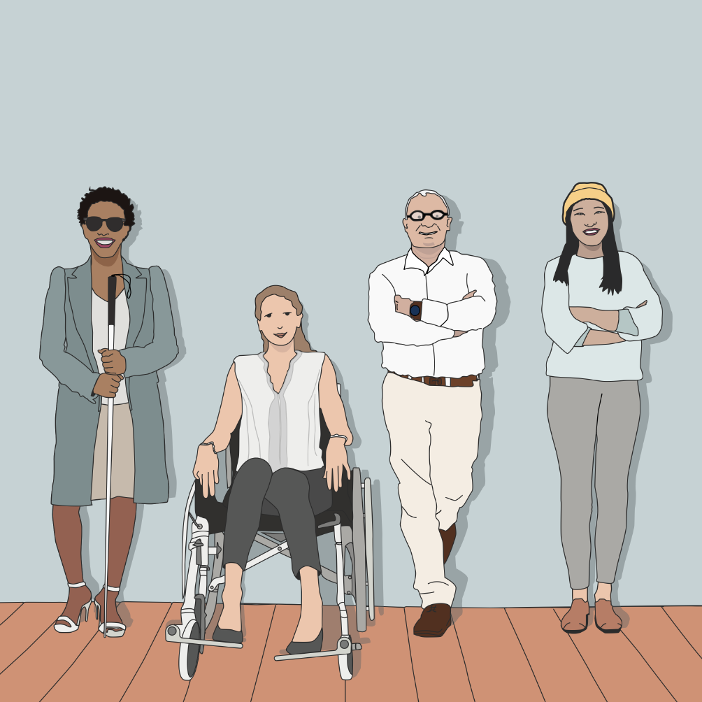 Illustration: four people leaning side by side against a wall, looking ahead — a woman with dark glasses and a white cane, a woman in a wheelchair, a man with folded arms, and a young woman wearing a beanie.