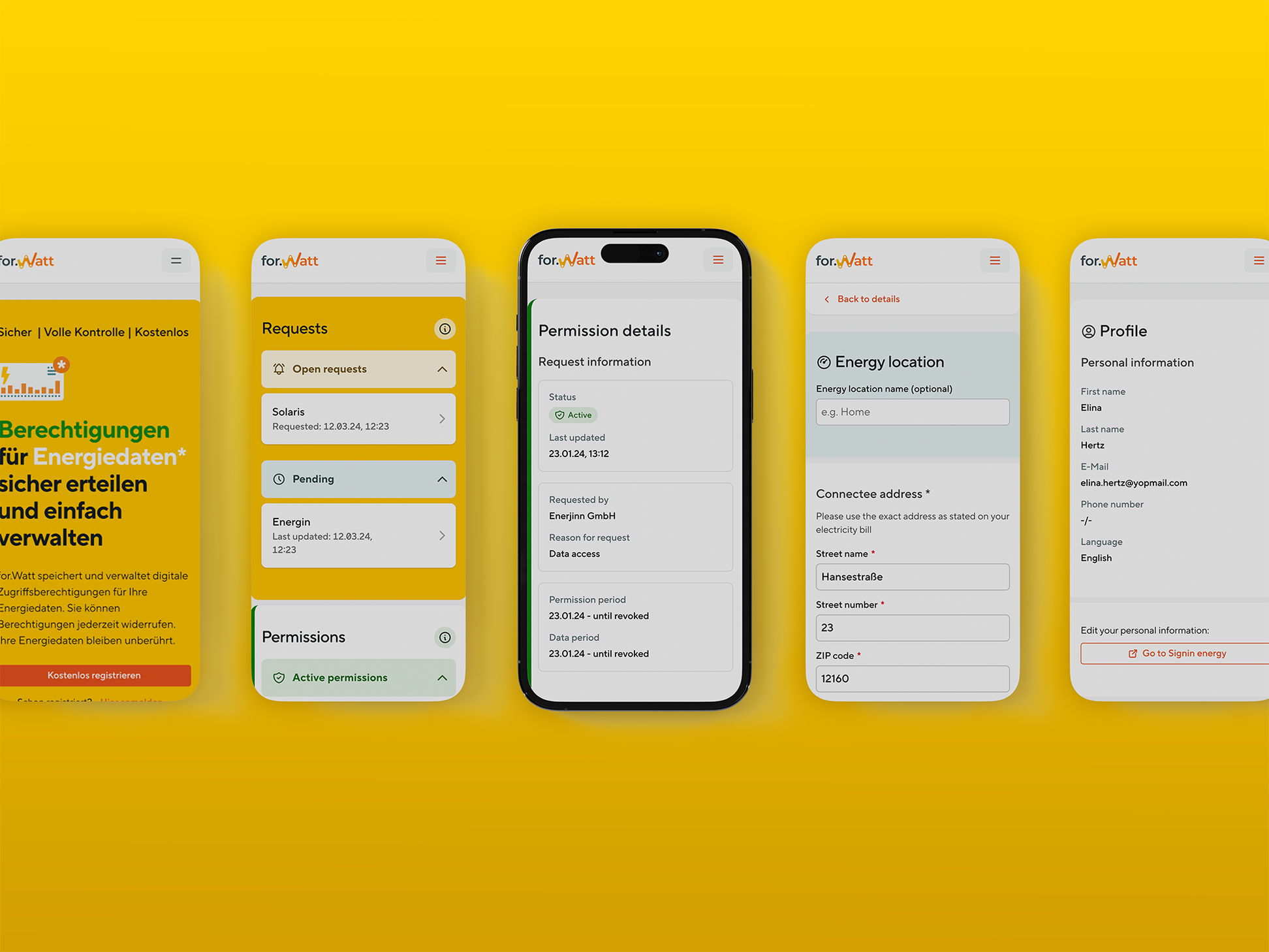 Five mobile views of the for.Watt portal