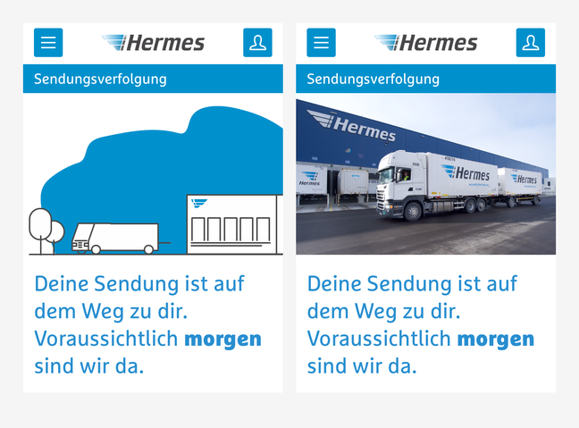 Two parcel tracking screens side by side — one with an illustration, one with a mock-up photo
