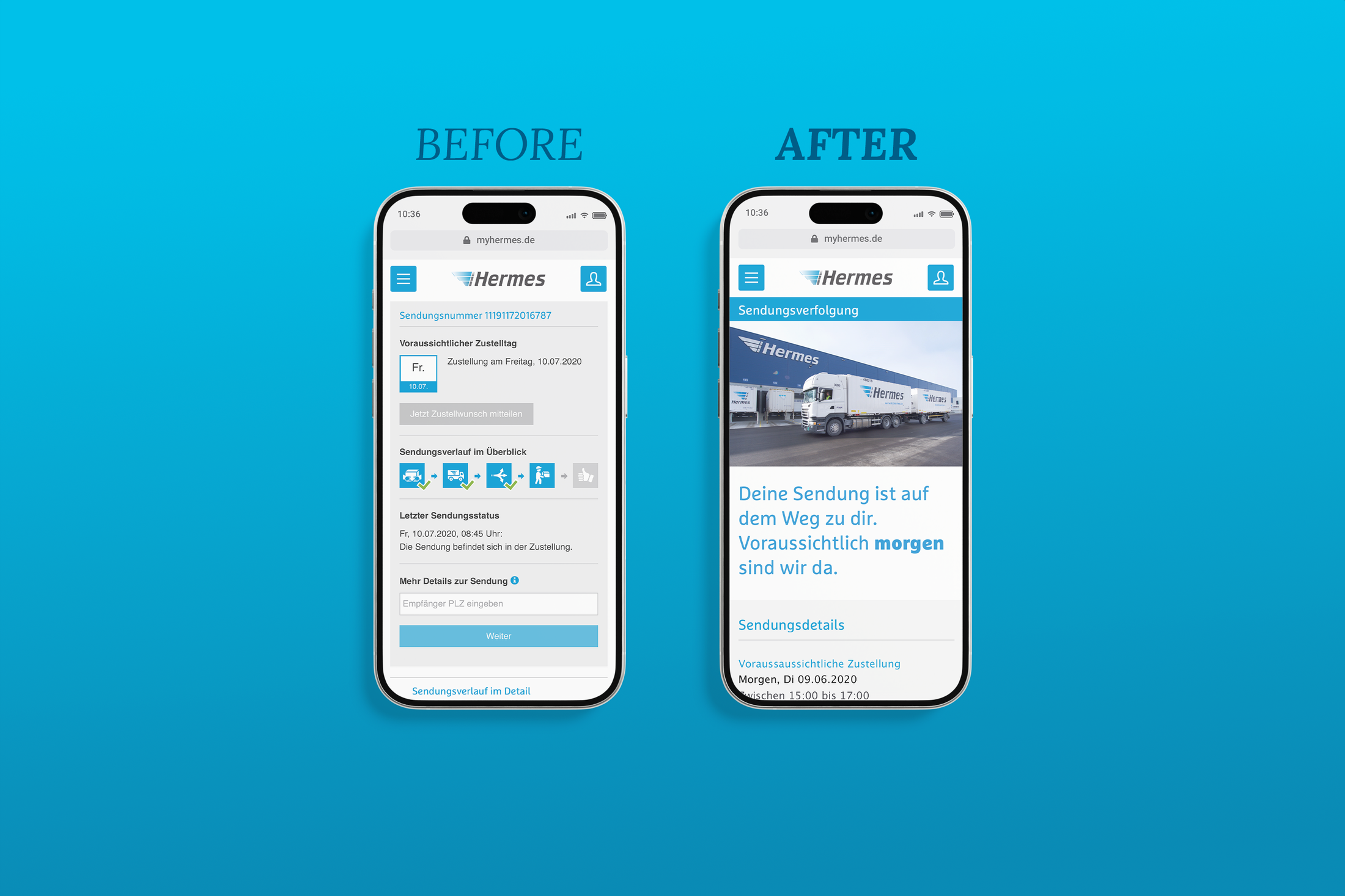 The old and the redesigned parcel tracking view side by side
