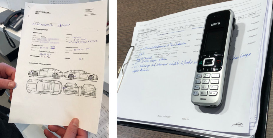 Handwritten paper forms used during vehicle handover