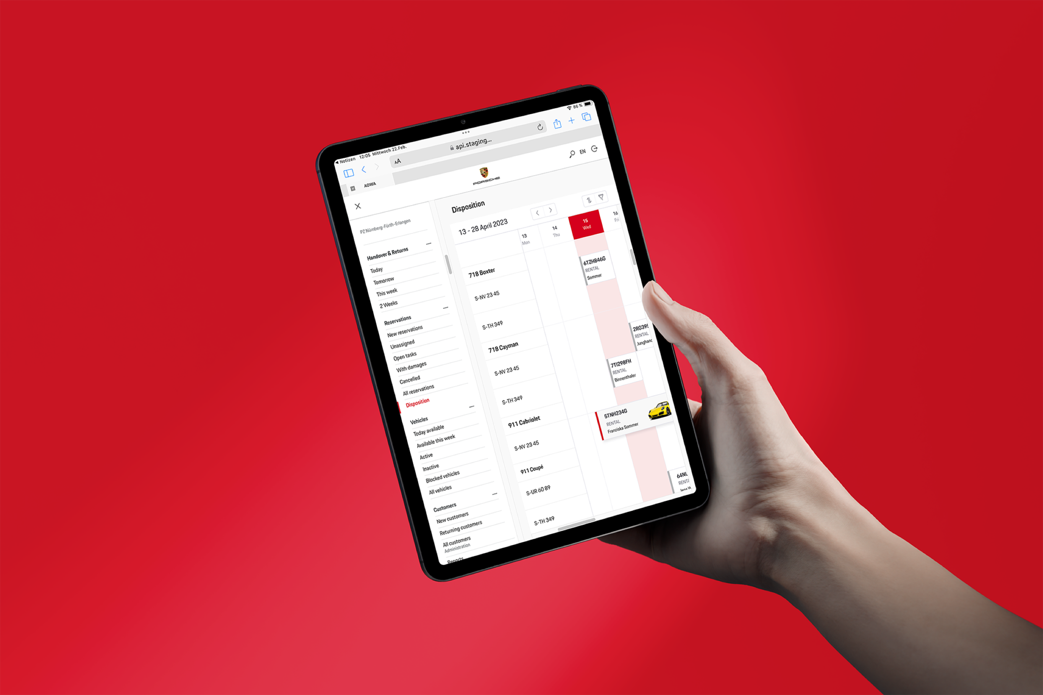 The disposition view on a tablet held in both hands