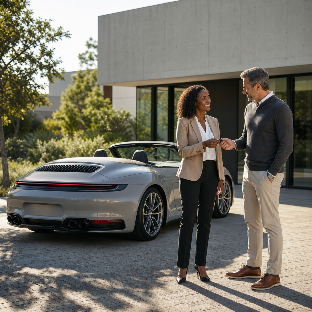 Handing over a Porsche 911 to a customer