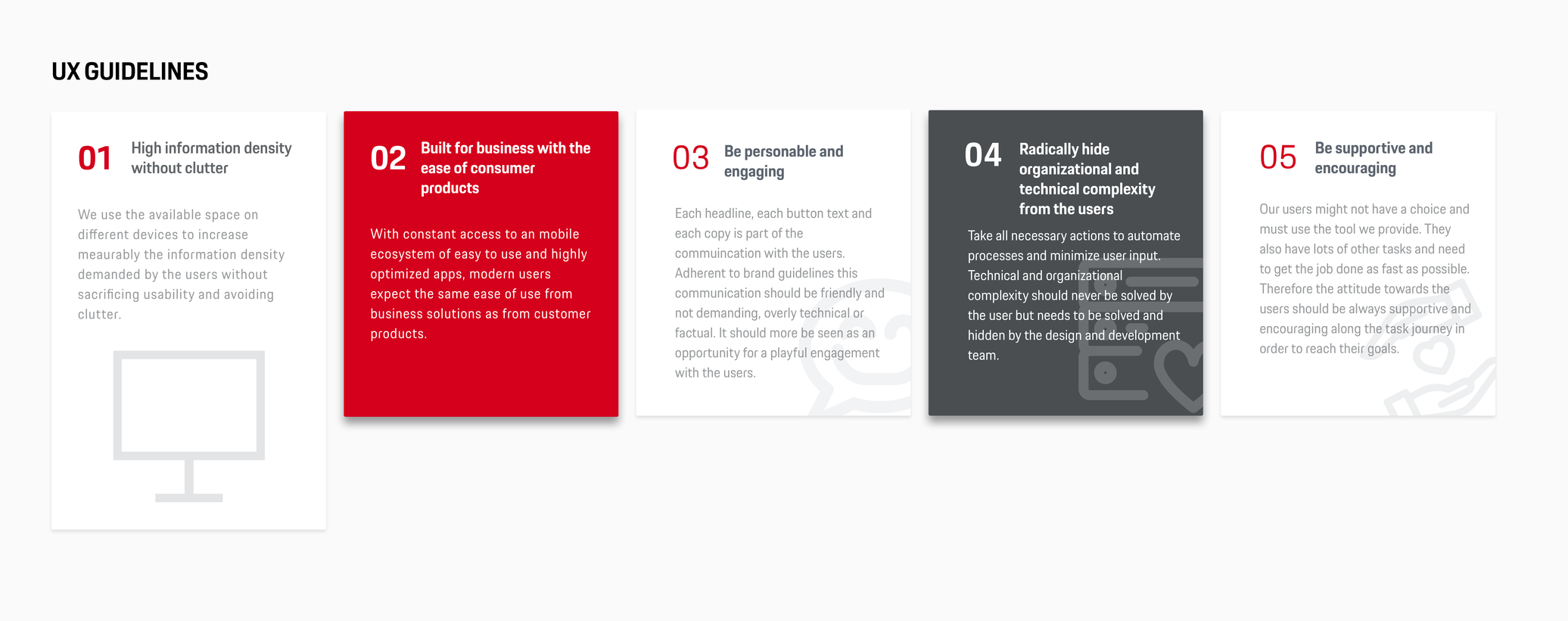 The five user experience guidelines shown as cards